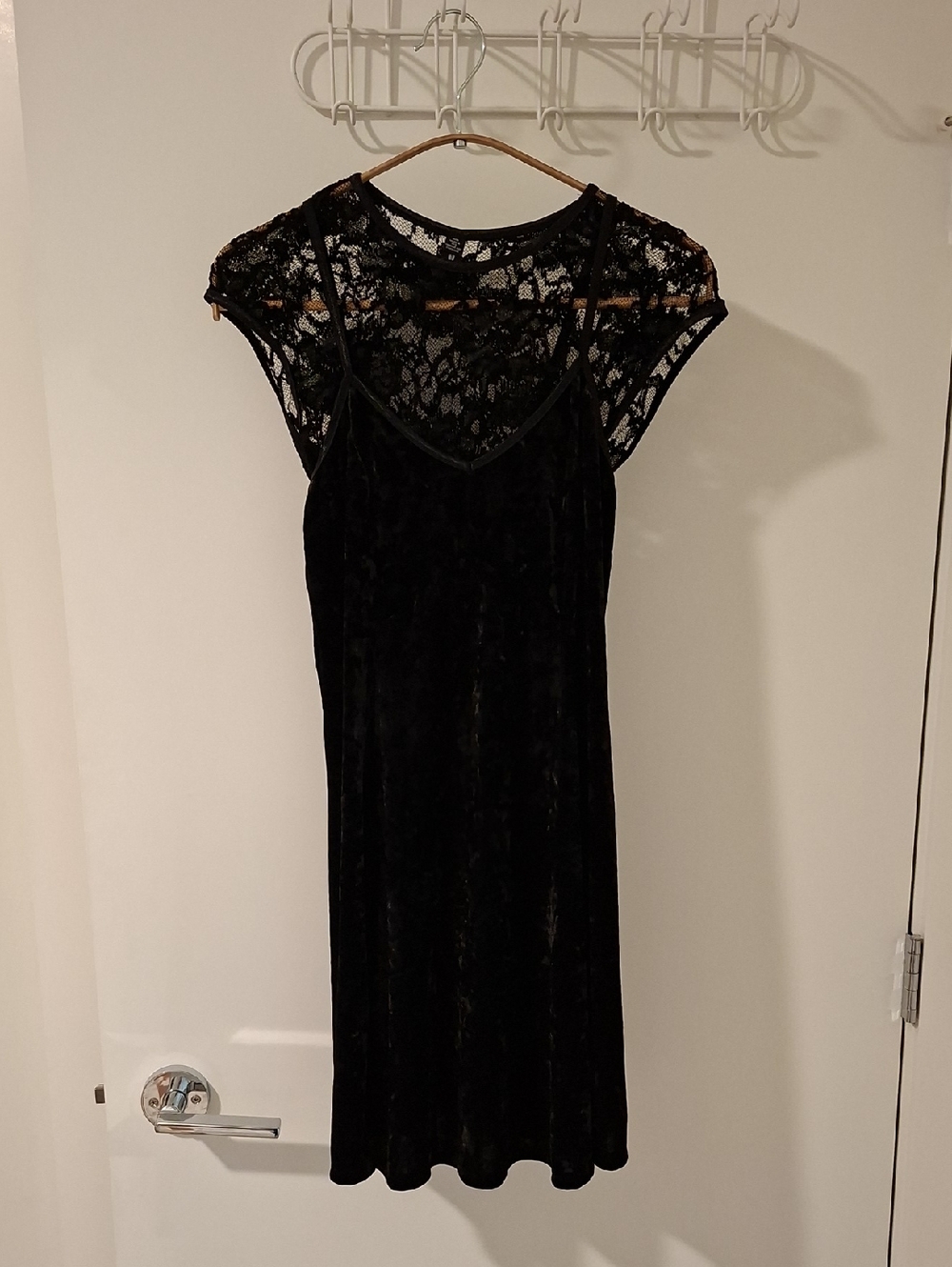 Design Lab Black Crushed Velvet Baby-doll Dress w/ Built-in Lace Top (Size M)
